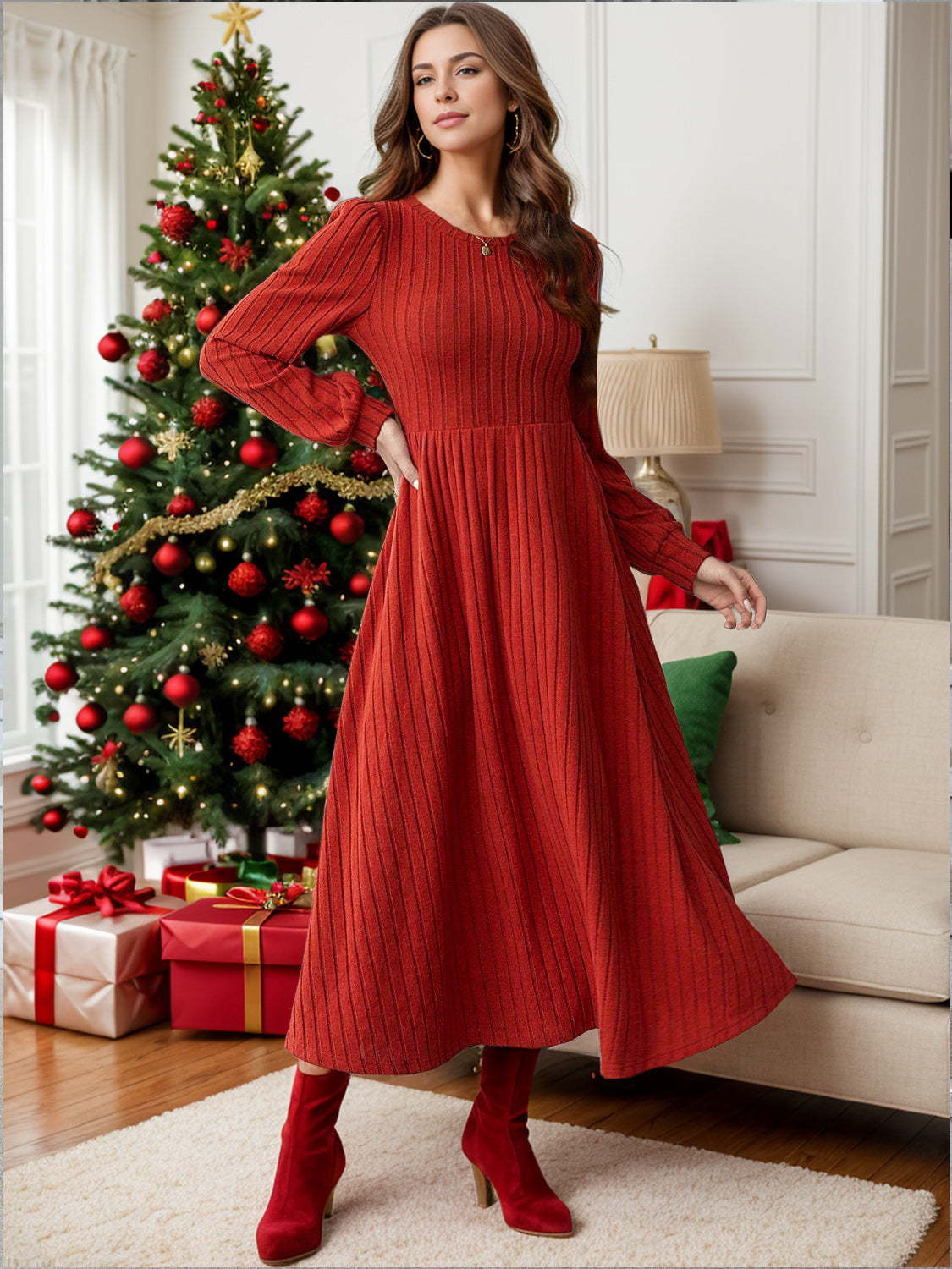 Ribbed Round Neck Long Sleeve Dress Deep Red 060de66d-0c63-4ca4-9646-7b5ce4ffa167-Max Glownestbest
