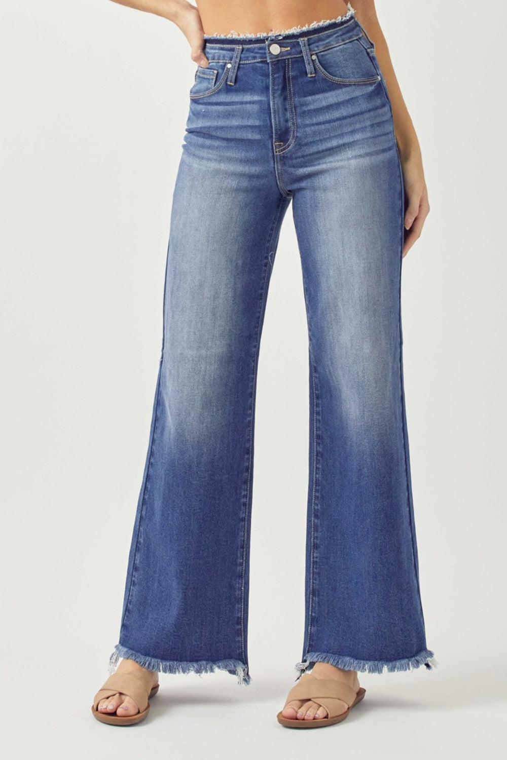 RISEN High Waist Raw Hem Wide Leg Jeans Dark 0625b612-e5cf-4a08-a569-92143e726428-Max Trendsi