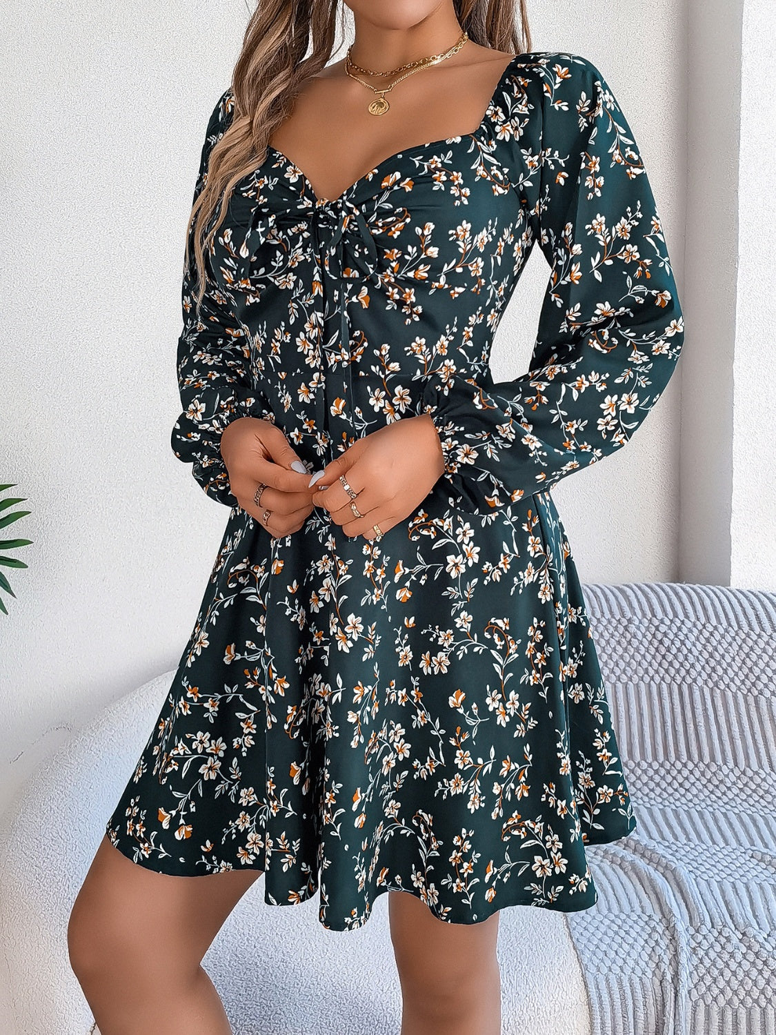 Printed Sweetheart Neck Balloon Sleeve Mini Dress 065bf582-6f90-4fb5-bcf1-e9ec13819d01-Max Glownestbest
