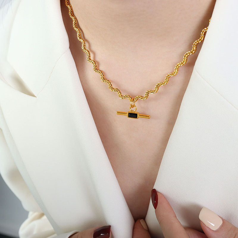 18K gold novel and trendy wave-shaped chain with square stone design necklace Black 06b43600-46f1-4255-8673-f7ac4575619e Artshiney
