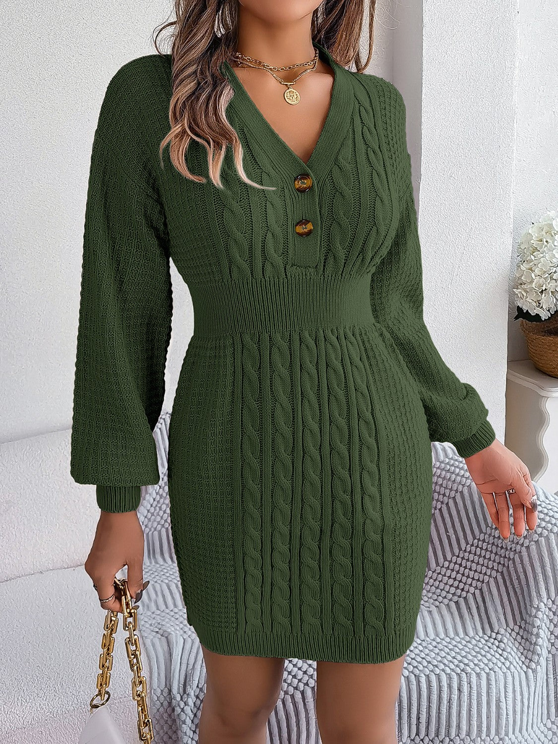 Buttoned Cable-Knit V-Neck Sweater Dress Army Green 06b9e715421445138dc7c46c4da980d5-Max Glownestbest