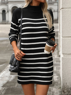 Striped Mock Neck Long Sleeve Mini Dress 06bb1809-155a-43b2-b268-fd50214af9d2-Max Glownestbest