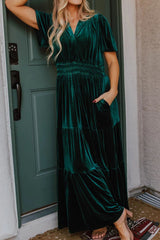 Tiered Notched Short Sleeve Dress with Pockets Black Forest 06eb4c00-d896-48c8-94d0-0ee97a0563bd-Max Glownestbest