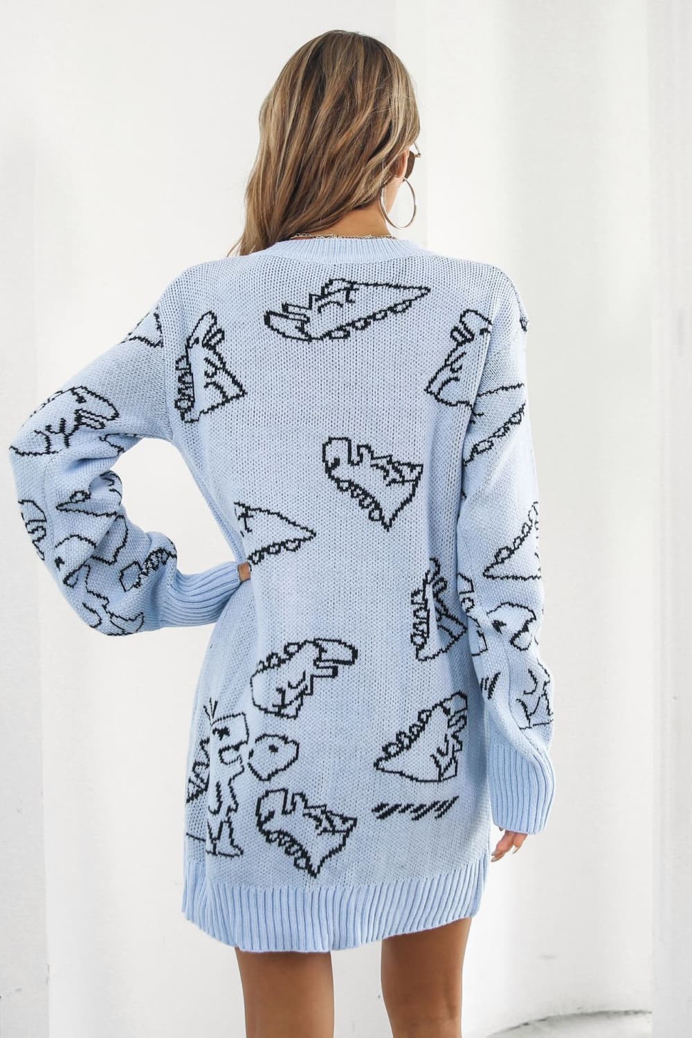 Dinosaur Pattern V-Neck Sweater Dress 06f25b028d714584ac466f36fec56e88-Max Glownestbest