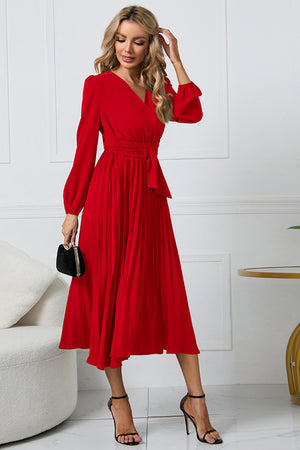 V-Neck Long Sleeve Tie Waist Midi Dress 074e0b8e56154b0b96899c4e6fb7104d-Max Glownestbest