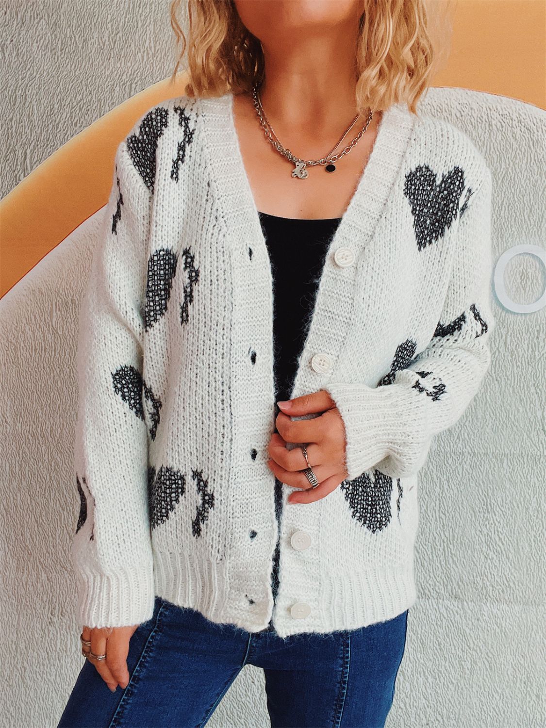 Heart Button Up Long Sleeve Cardigan White One Size 07884d78-db22-4a65-bbca-3a5844603704-Max Glownestbest