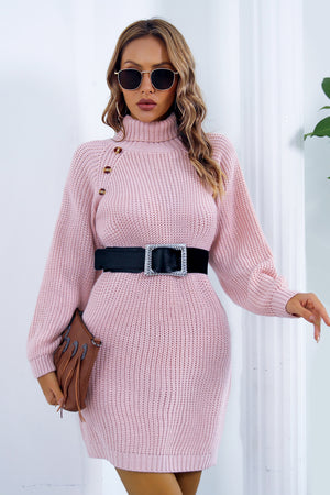 Buttoned Turtleneck Long Sleeve Sweater Dress 07cd49a3c4504ffd8c539a7150b26703-Max Glownestbest