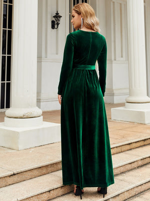Tie Front Round Neck Long Sleeve Maxi Dress 082049498cdd44668371c9c3b289f5dc-Max Glownestbest