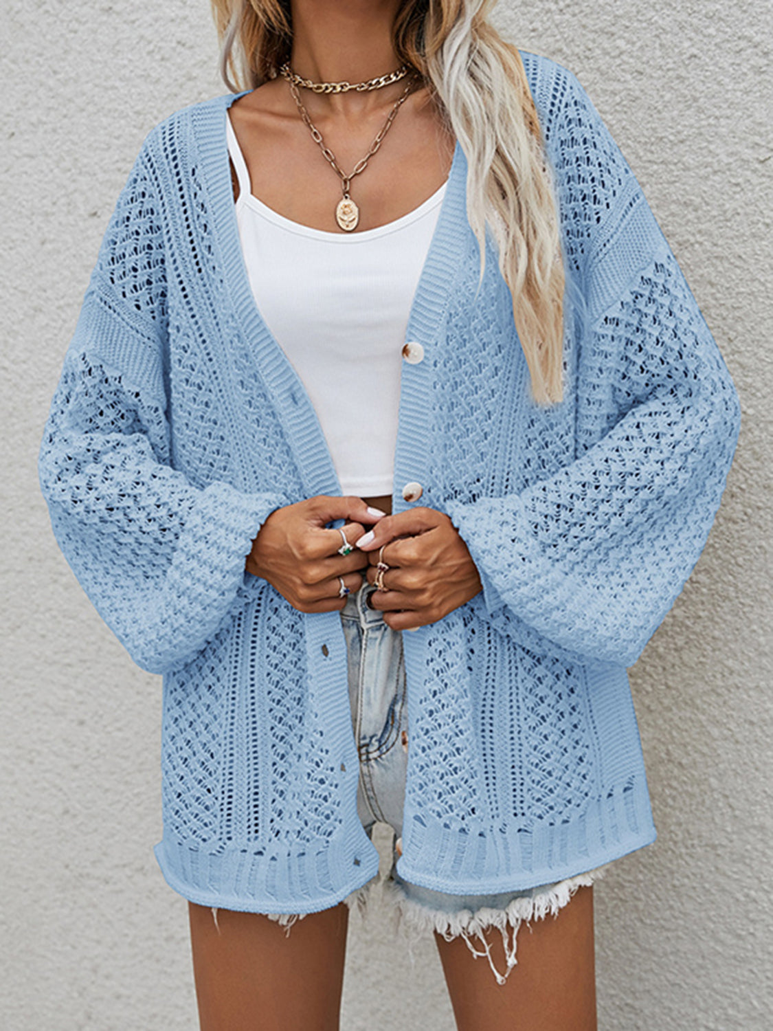 Glownestbest® | Openwork Button Front Cardigan Sky Blue 08622e10ed5545c796dc6cbfe5a046e6-Max Glownestbest
