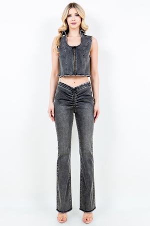 American Bazi V-Cut Ruched Flare Pants 088865df-111d-4a22-b0f0-496060efc9bd-Max Trendsi