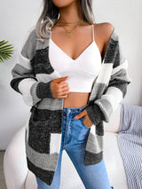 Glownestbest® | Striped Rib-Knit Open Front Longline Cardigan Black 09320c73ca1a4e8395f51cb1f41e4f68-Max Glownestbest