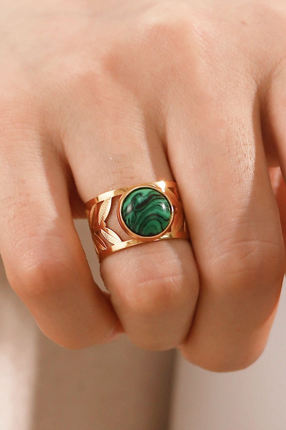 18k Gold Plated Malachite Leaf Ring 095e6de194734a078031d23494e4e791-Max Trendsi