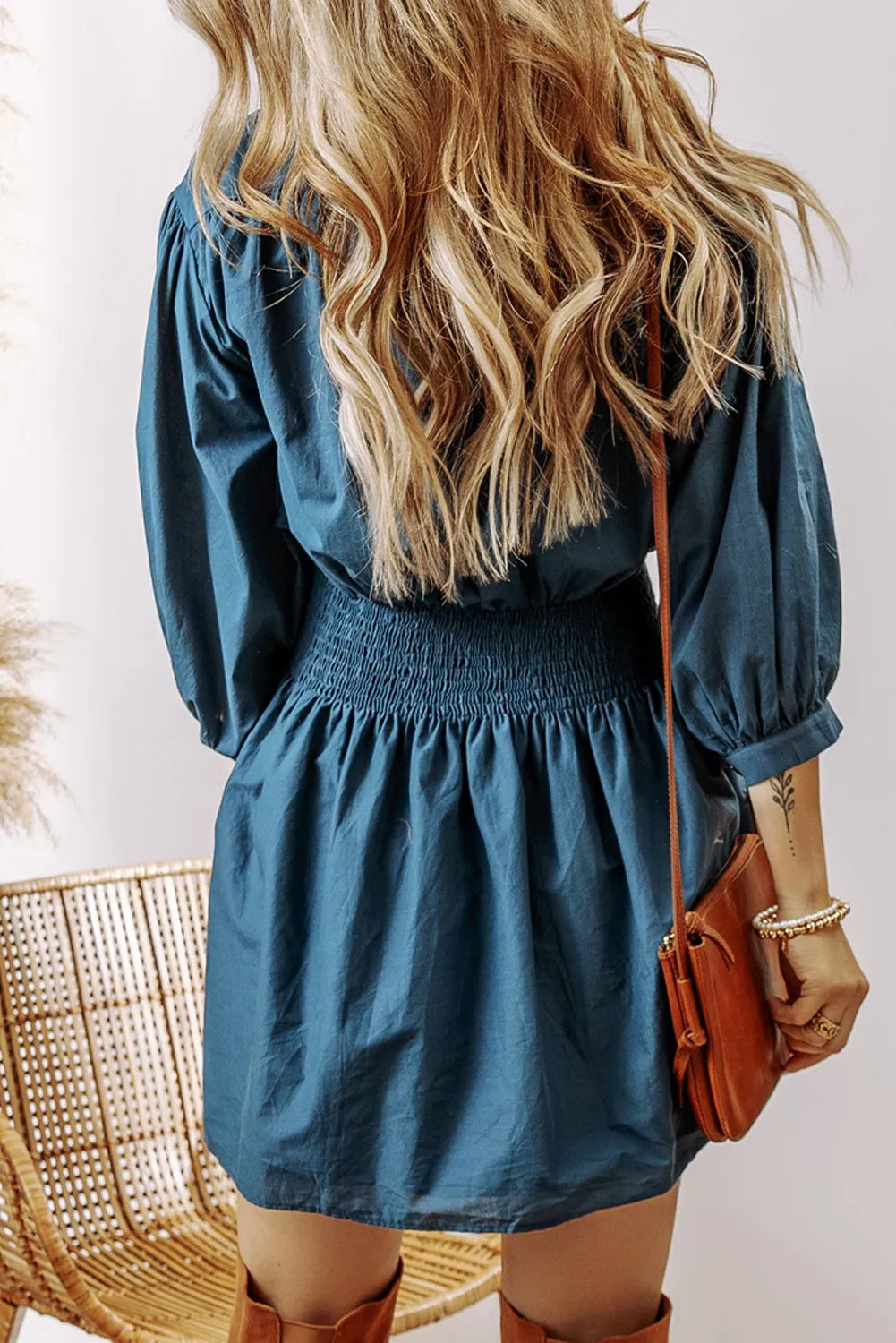 Smocked Half Button Three-Quarter Sleeve Mini Dress 09d0b937-20e3-4c93-8cb1-bb19f6e88577-Max Glownestbest