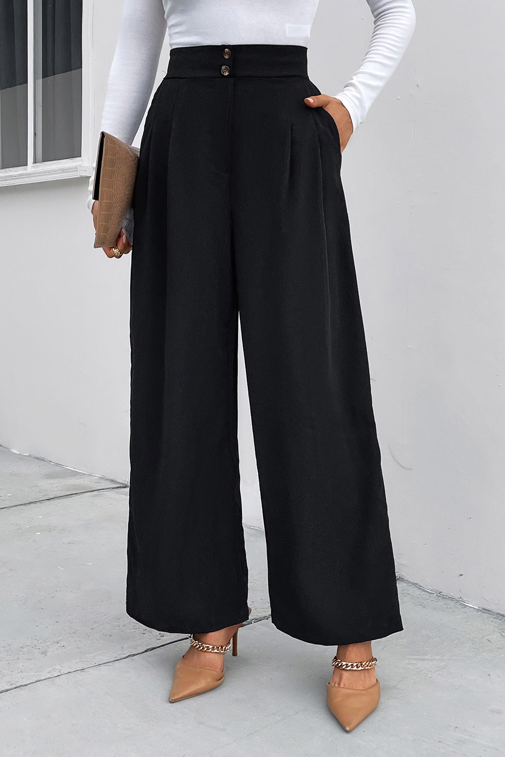 Perfee High Waist Ruched Pocketed Wide Leg Pants 0a12681b34d8469cb5bff814ad5d65d7-Max Trendsi