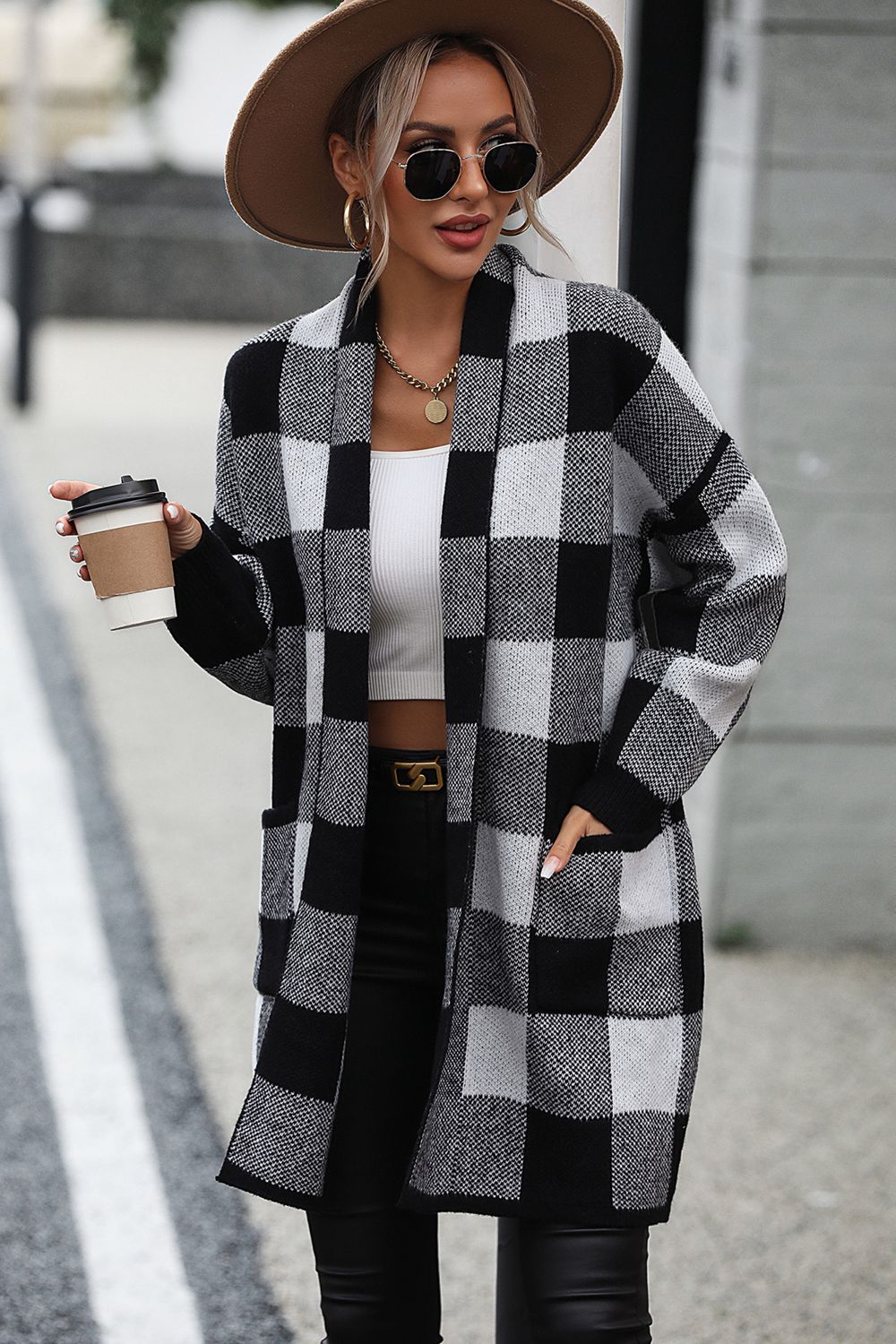 Glownestbest® | Plaid Dropped Shoulder Cardigan with Pocket Black 0ae260a0b7694d26b7a9a2034edad52c-Max Glownestbest