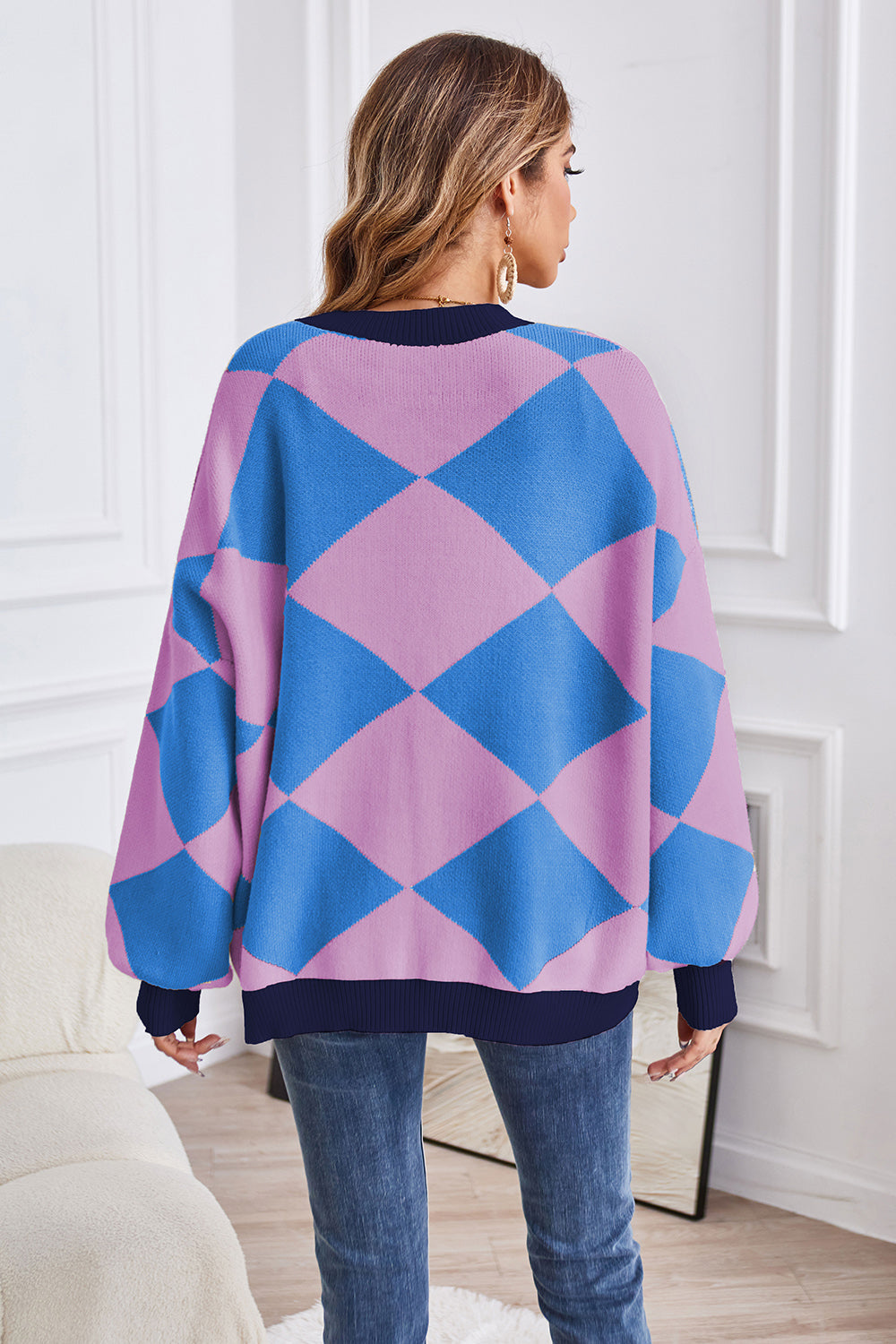Geometric Lantern Sleeve Cardigan with Pockets 0ae7315e14024a13b7fb47d9a0fbd1c4-Max Glownestbest
