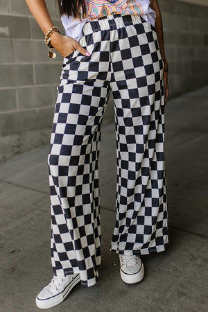 Checkered Wide Leg Pants Black 0af89c1f-a948-4dc4-b49f-e1f9fa0f36f7-Max Trendsi