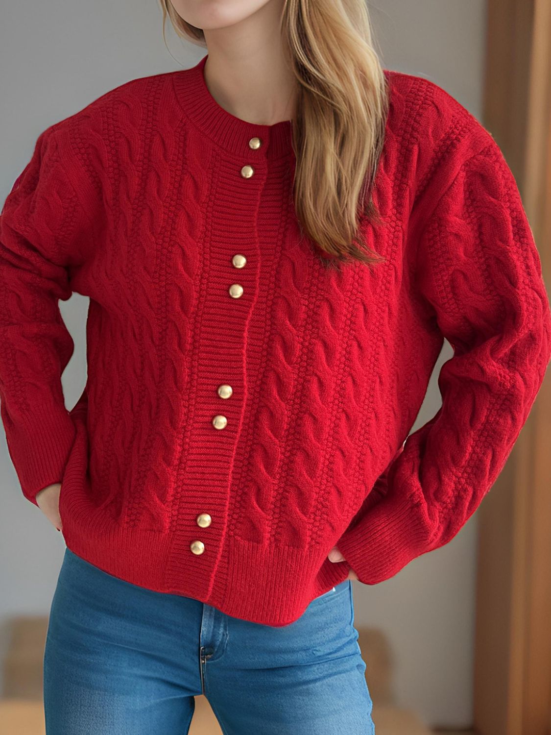 Cable-Knit Round Neck Long Sleeve Cardigan 0b7609a6-254b-4267-a8b7-224e3014248e-Max Glownestbest