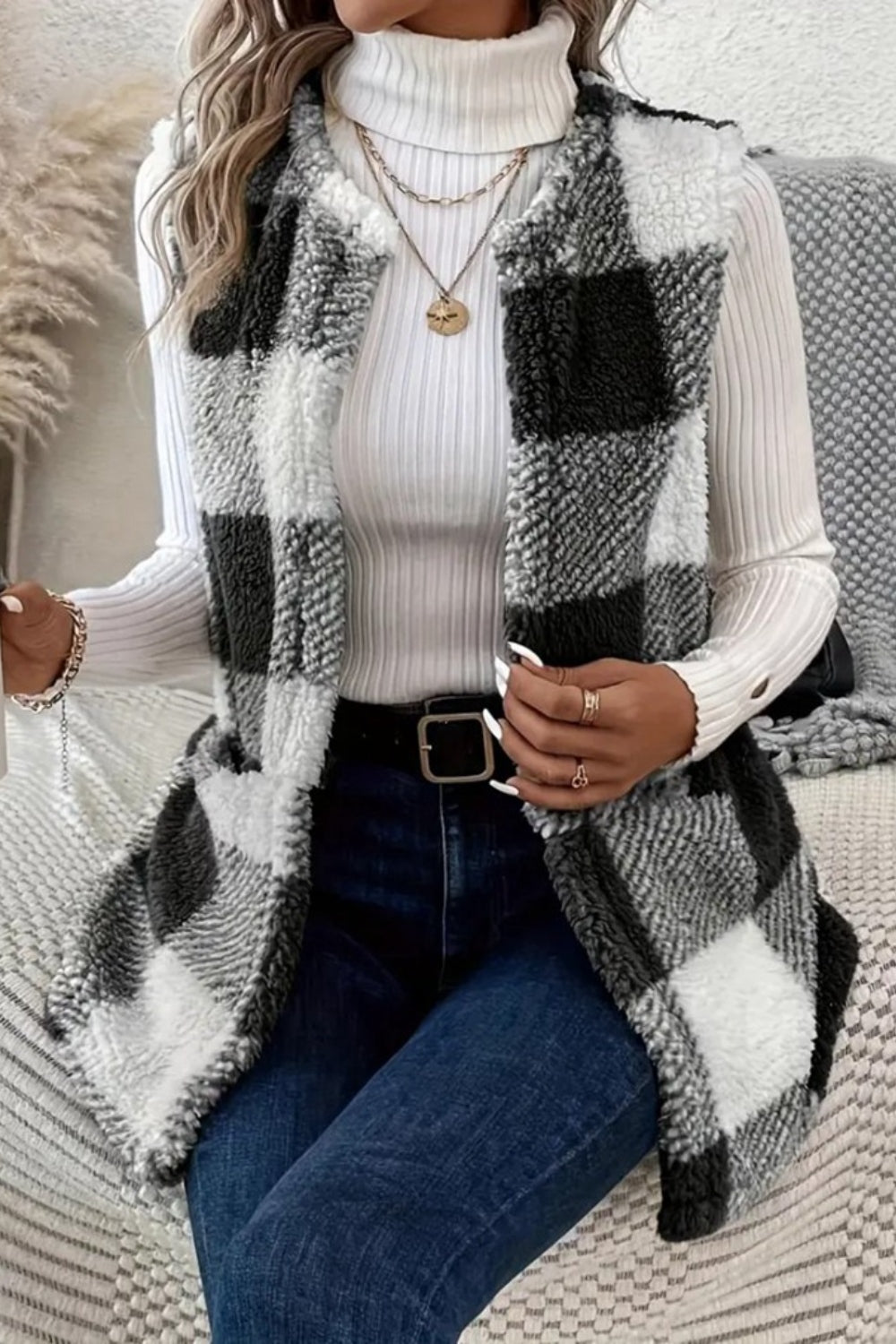 Glownestbest ® | Sherpa Plaid Open Front Vest Coat Black 0b88eccc-ba04-4903-9234-91e2a0cdc206-Max Glownestbest