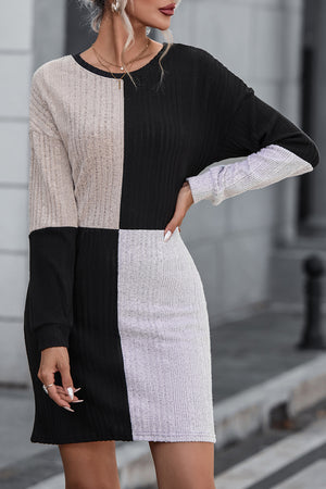 Color Block Drop Shoulder Long Sleeve Mini Dress 0c377c67-f25c-4432-998e-88ea72aa9fd4-Max Glownestbest