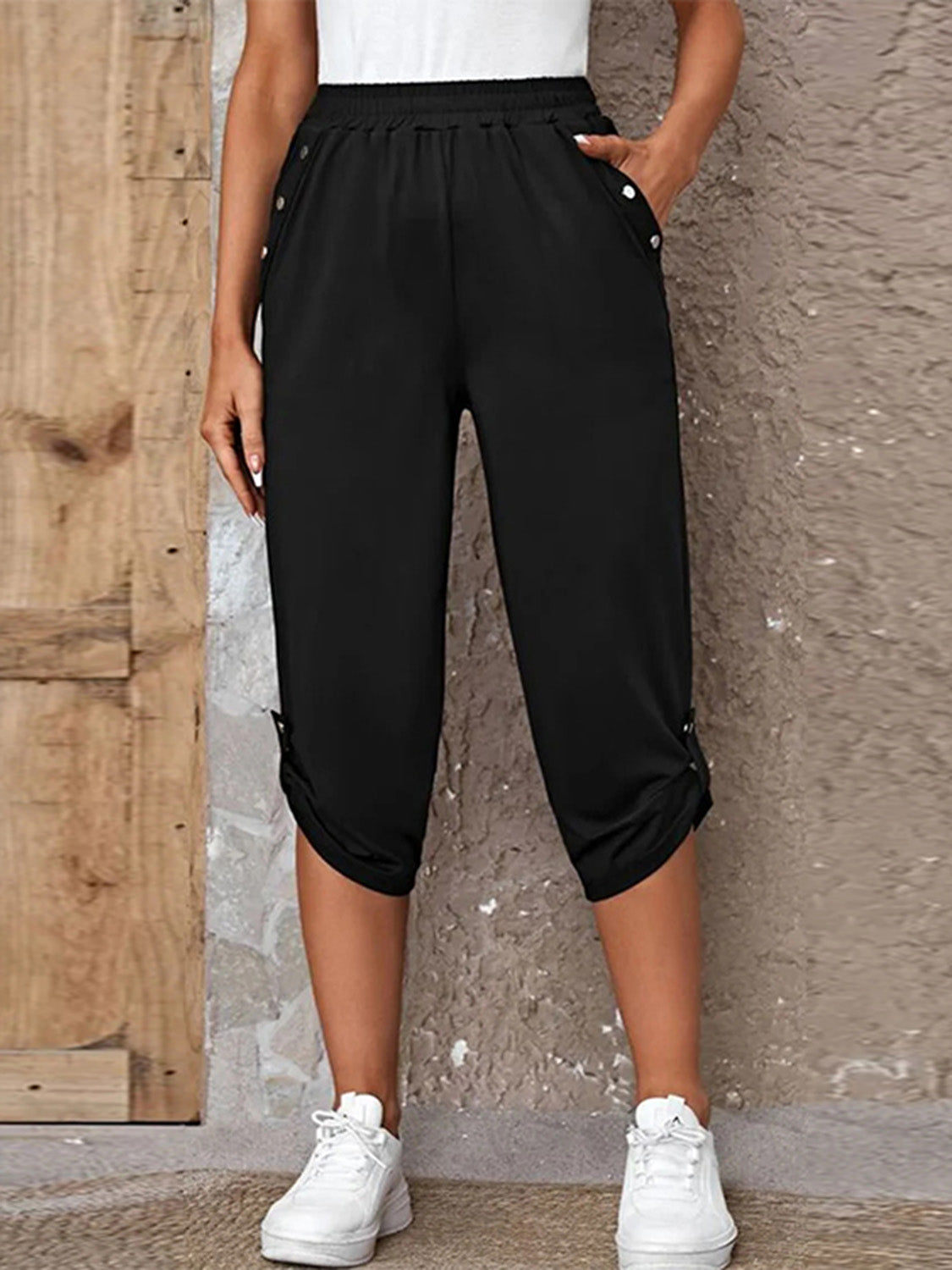 Full Size Roll-Tab Capris Pants Black 0cdd6d7c2fbc49ffb717c75a2b7249b4-Max Trendsi