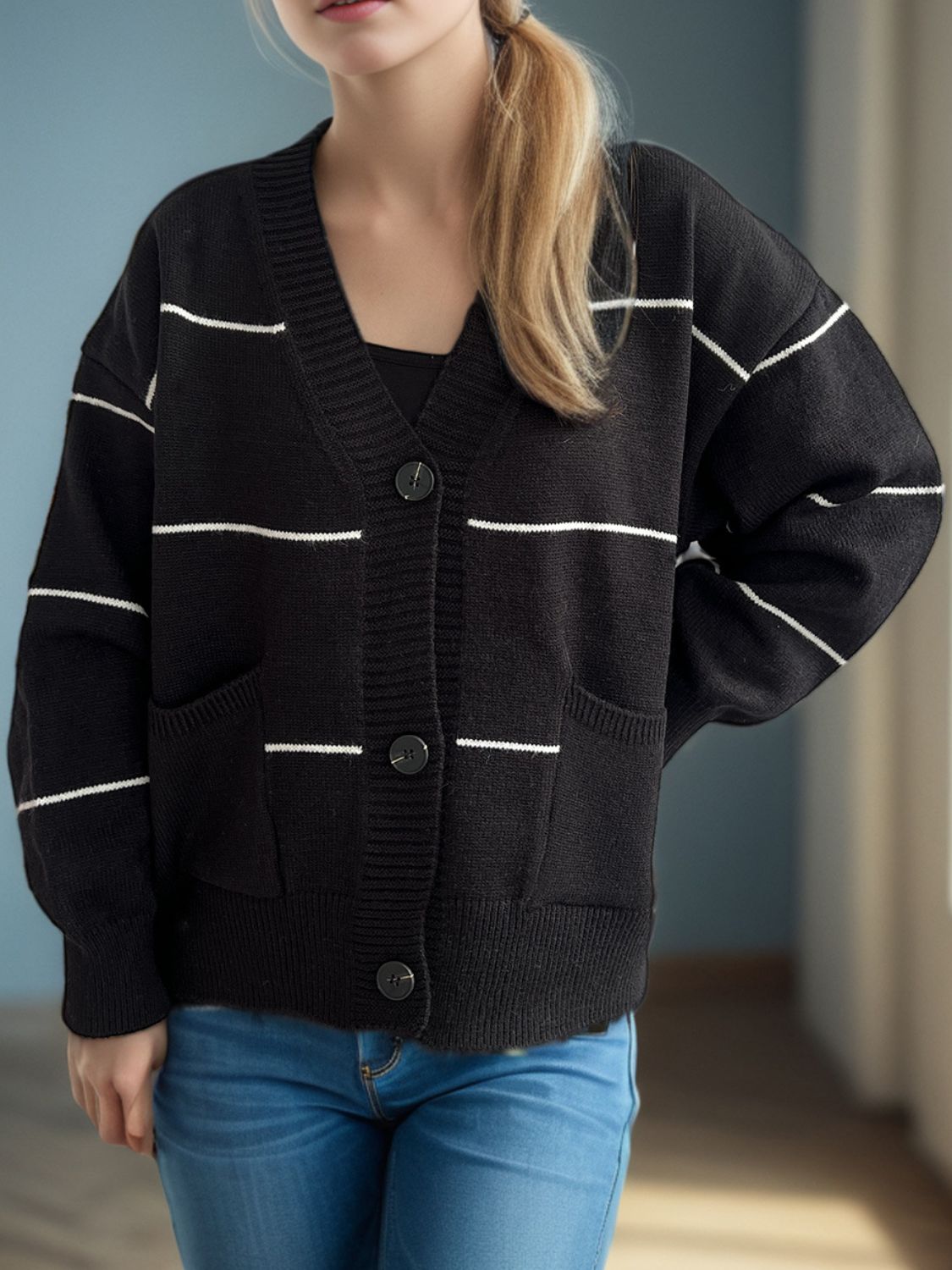 Striped Button Down V-Neck Long Sleeve Cardigan 0dd3a508-13e7-4dd9-8fc5-451e04f47c85-Max Glownestbest