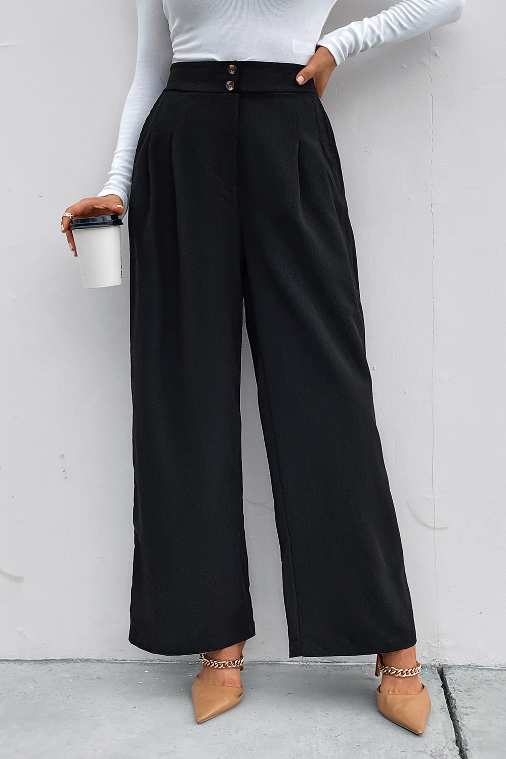 Perfee High Waist Ruched Pocketed Wide Leg Pants Black 0de5fb1099994c688f6527fc056cd4af-Max Trendsi