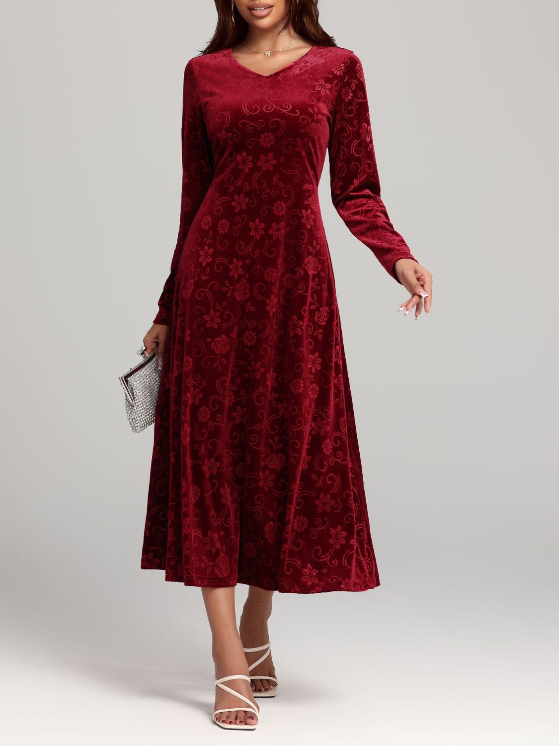 Flower Print V-Neck Long Sleeve Midi Dress 0e148e05-0e47-47f6-937d-b0dc87fc25f5-Max Trendsi