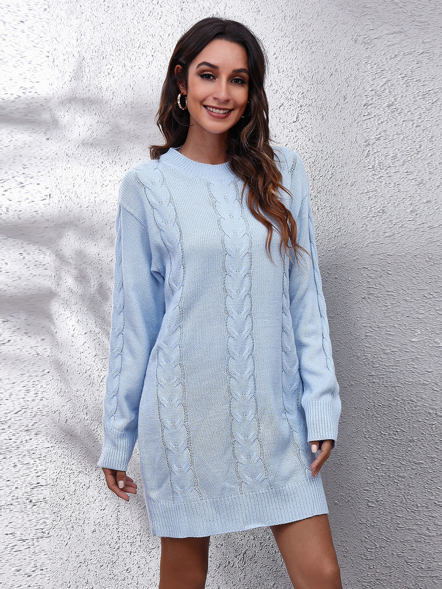 Cable-Knit Round Neck Sweater Dress Misty Blue 0e1840258a7b45f393411d811129c490-Max Glownestbest