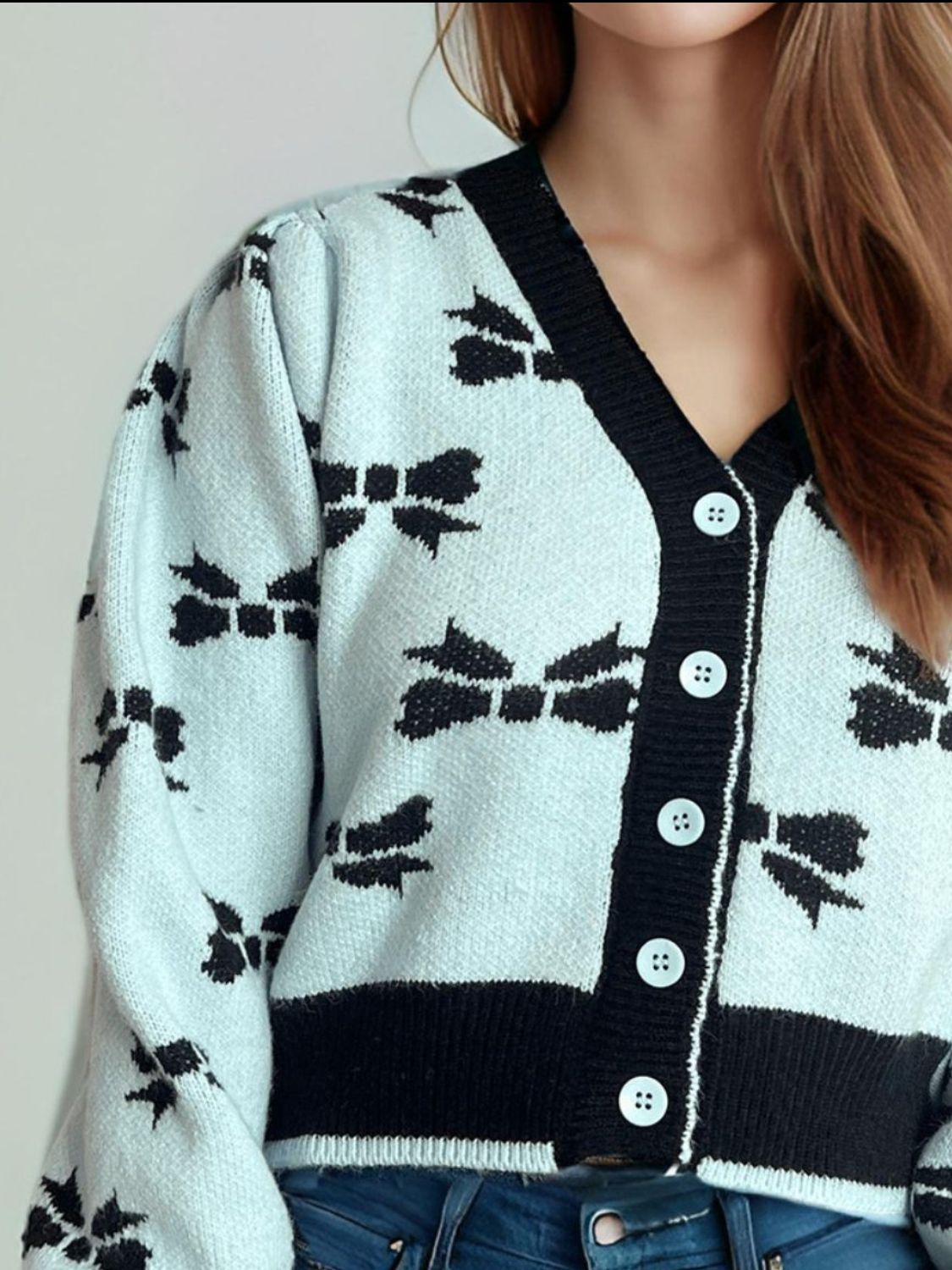 Bow V-Neck Button Down Long Sleeve Cardigan 0e22e20c-f898-4526-9f8e-06d4bfddf7fc-Max Glownestbest
