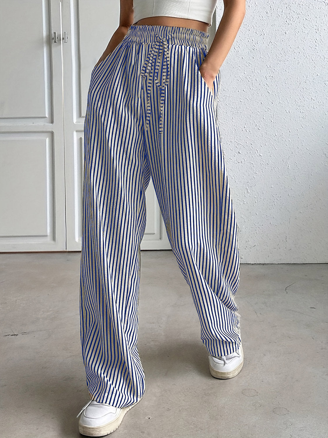 Drawstring Striped Elastic Waist Pants Blue 0e838ae3-9a5c-49cf-b334-2f1f930962c8-Max Trendsi