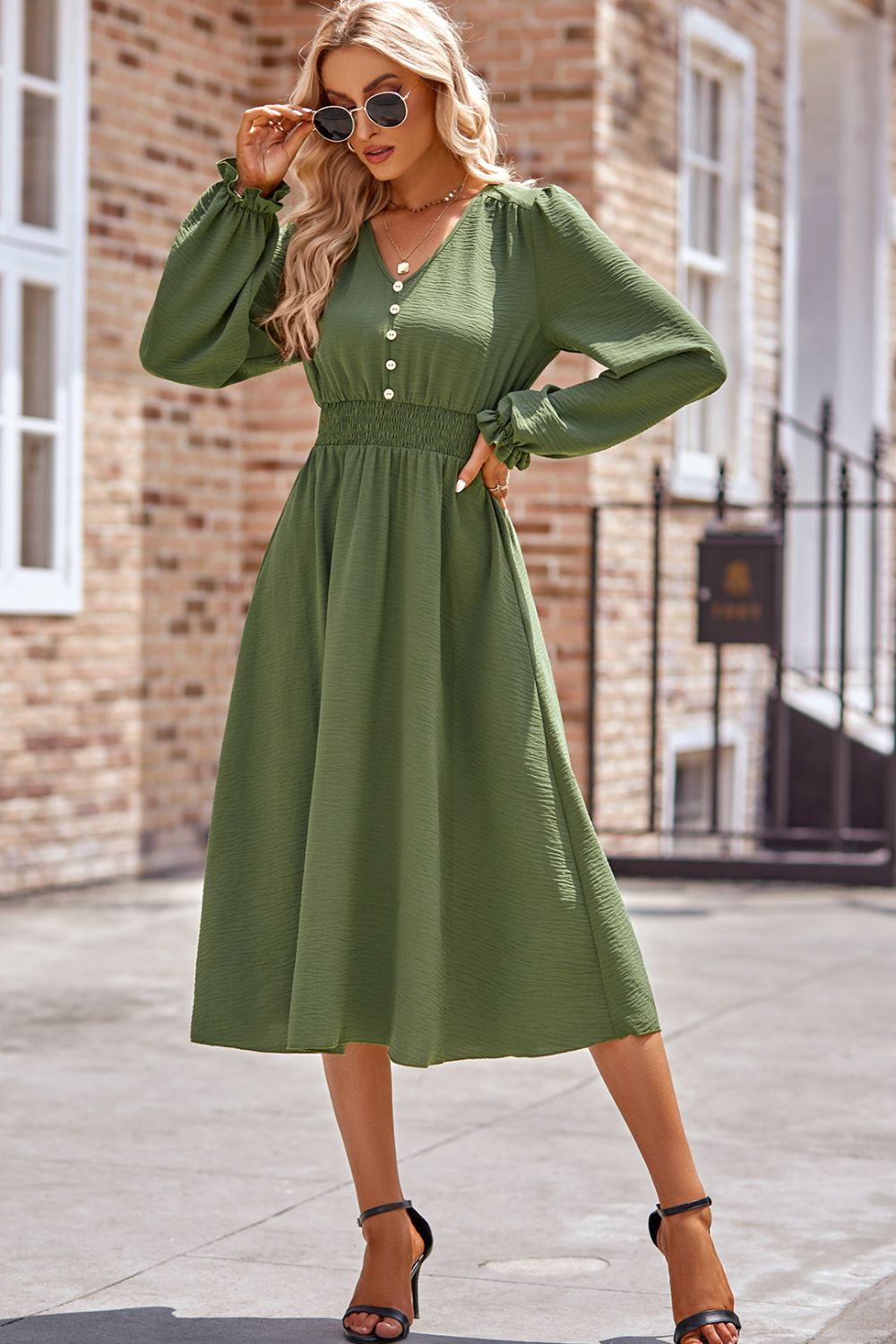 Smocked V-Neck Flounce Sleeve Midi Dress Matcha Green 0ed4e568-21ea-4962-8b07-5e1d437db77c-Max Glownestbest