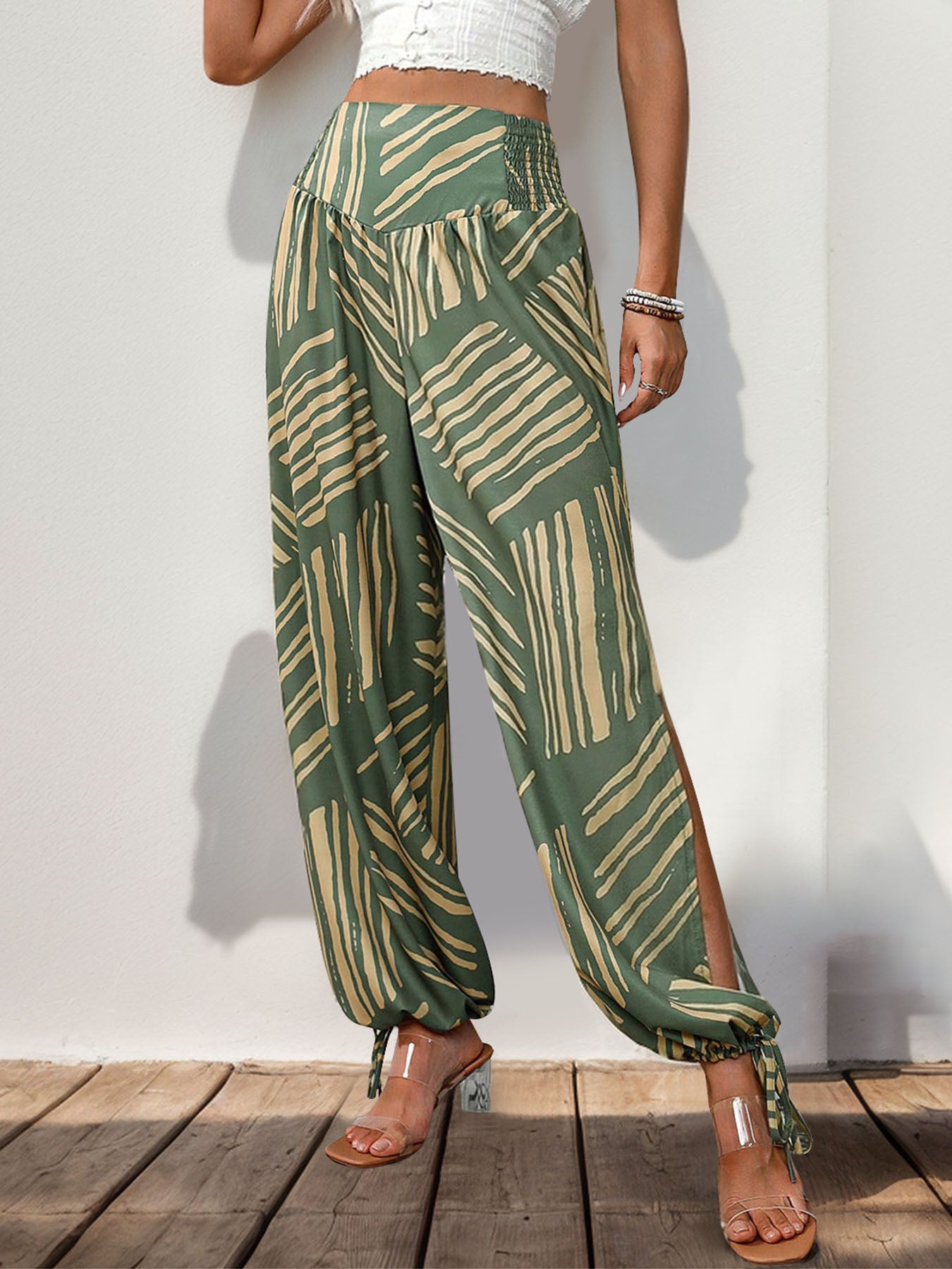Perfee Smocked Slit Printed High Waist Pants 0eda14bf-0af9-418c-ab85-93e79df9b240-Max Trendsi