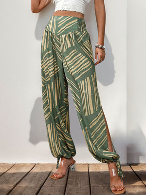 Perfee Smocked Slit Printed High Waist Pants 0eda14bf-0af9-418c-ab85-93e79df9b240-Max Trendsi