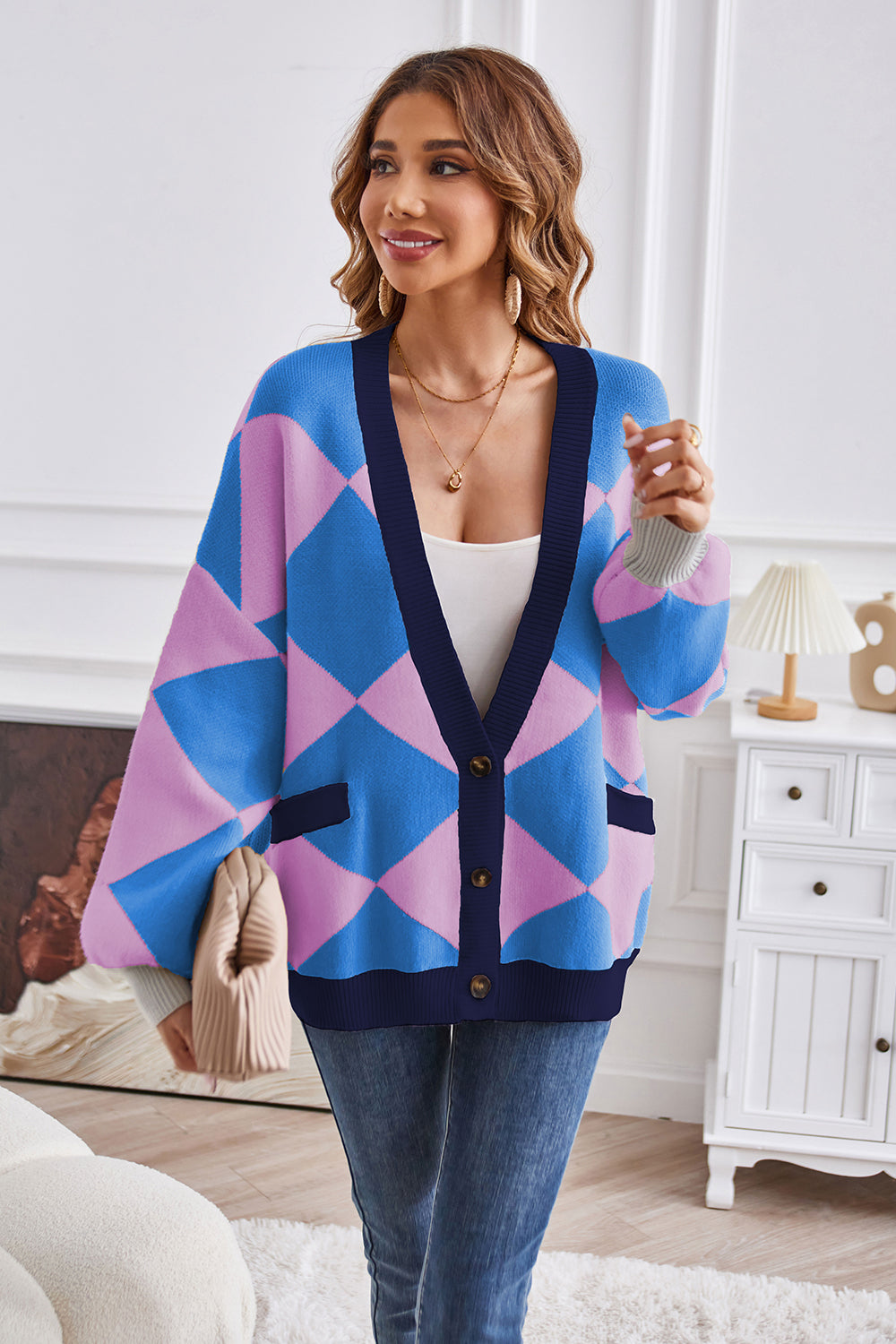 Geometric Lantern Sleeve Cardigan with Pockets 0ee641264bbf47bca2fb81c48ad02755-Max Glownestbest