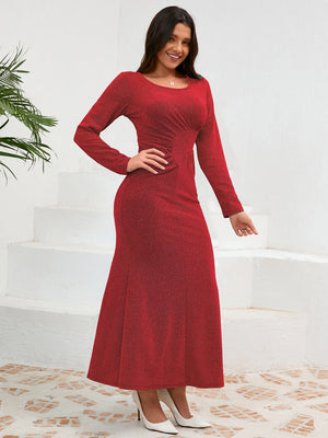 Ruched Round Neck Long Sleeve Dress 0f4c5a85-e575-4289-a9ee-a5087c6a4661-Max Glownestbest