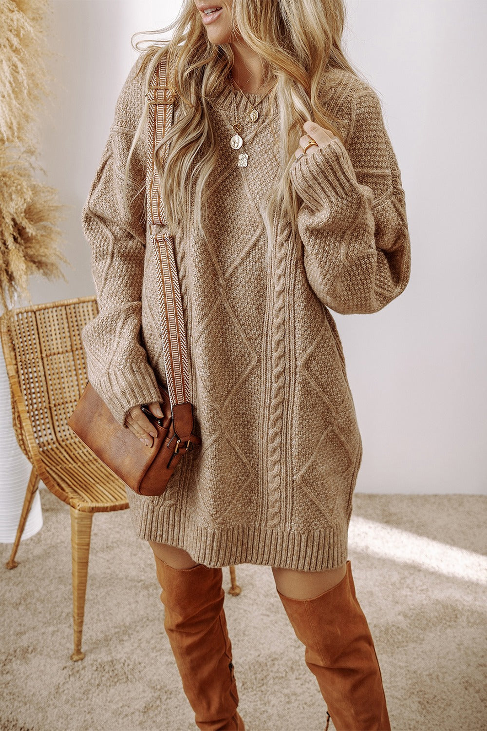 Cable-Knit Round Neck Sweater Dress 0f518554-d668-48be-b4e5-98a55bd2f3ca-Max Glownestbest