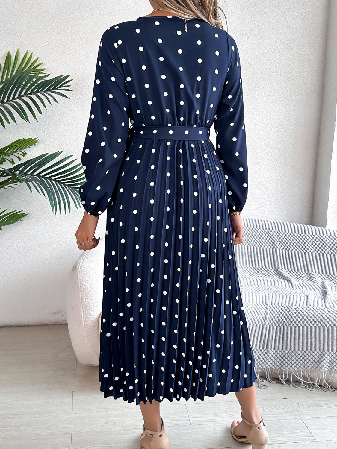 Tied Polka Dot Long Sleeve Midi Dress 0f685d1e-3578-46a6-a4d7-80523e7f4854-Max Glownestbest