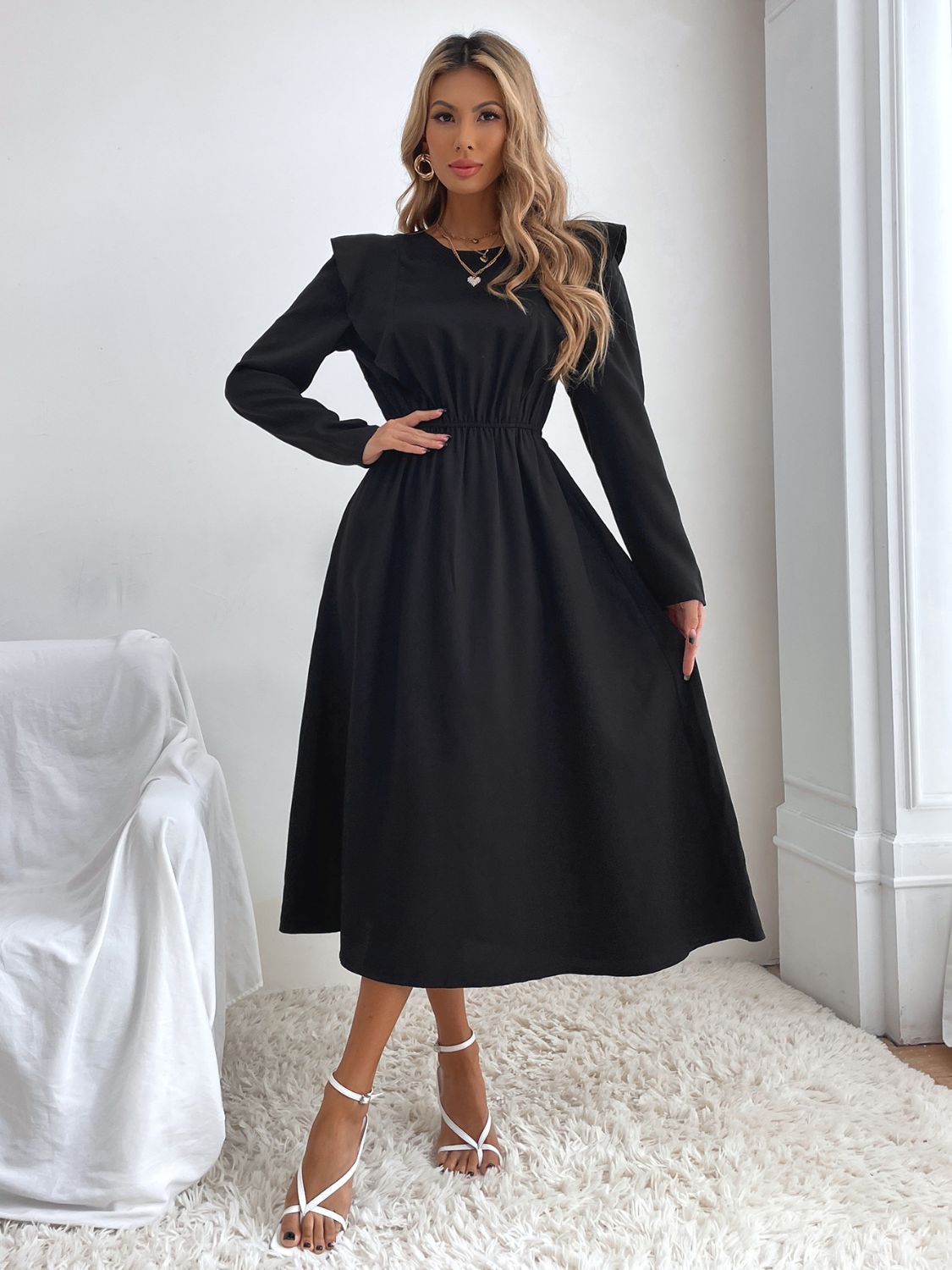 Ruched Ruffled Round Neck Long Sleeve Dress Black 0f9352da-91b7-4f54-bfae-596f9495f643-Max Glownestbest