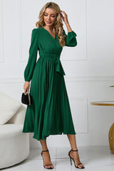 V-Neck Long Sleeve Tie Waist Midi Dress Dark Green 0fa5b2246758464aa3e0b7bebcc8986e-Max Glownestbest