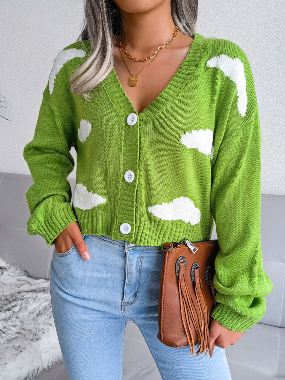 Cloud Print Button Down Ribbed Trim Cardigan Green 0fcf19c610c84a059be84ff085617f42-Max Glownestbest