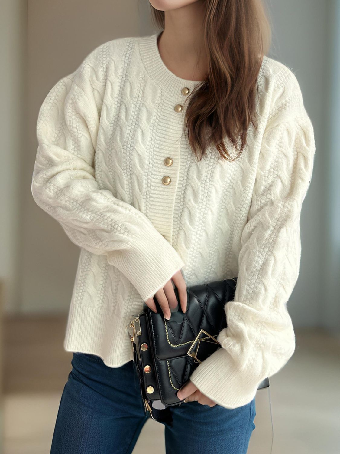 Cable-Knit Round Neck Long Sleeve Cardigan 0fd8a9a3-3280-4085-997f-546d40596d73-Max Glownestbest