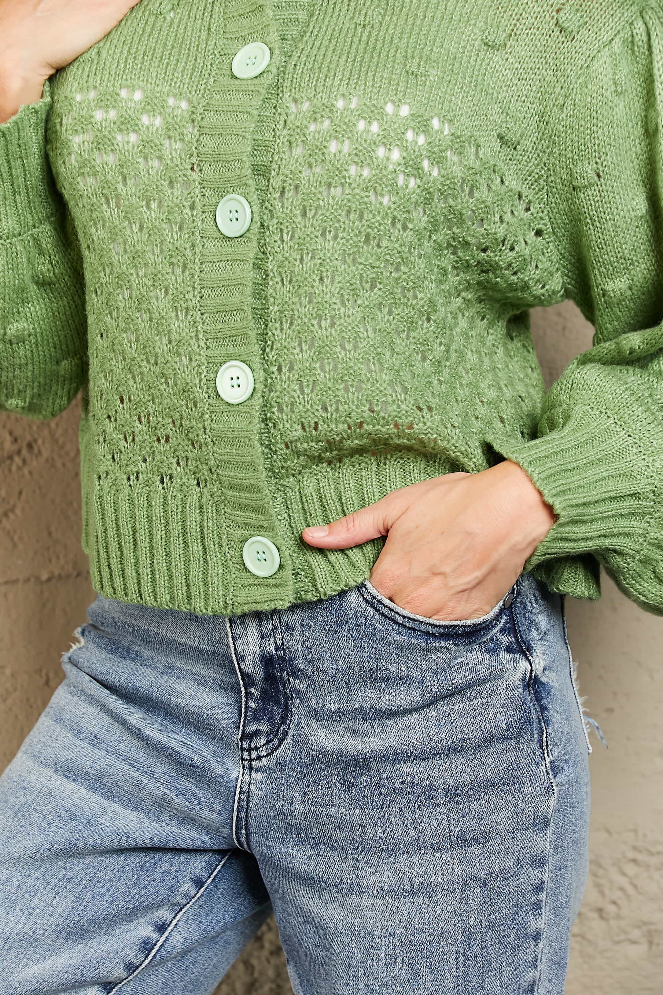 Woven Right Openwork Pompom Puff Sleeve Cardigan 0fdfae6ee0ba41e89f0e8a57aff3bab6-Max Glownestbest