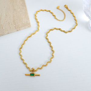 18K gold novel and trendy wave-shaped chain with square stone design necklace 101a44f0-c842-4ca3-8039-4d83e12d6e06 Artshiney