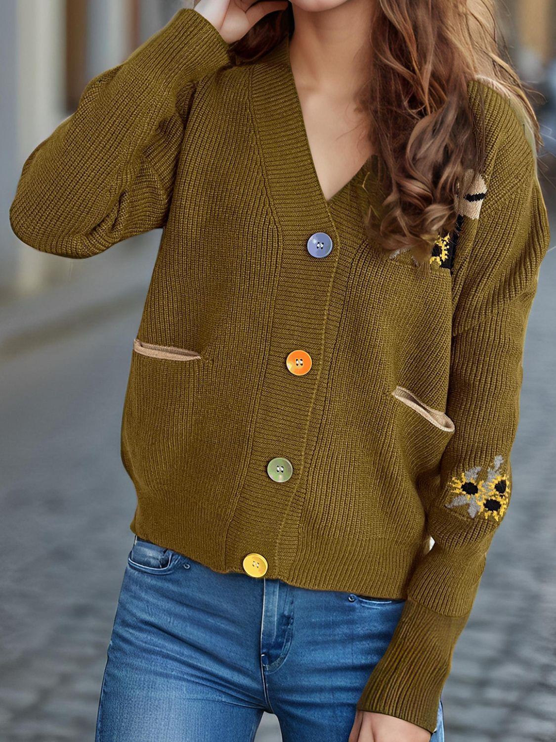 Contrast Button V-Neck Long Sleeve Cardigan 1095249f-b69c-4ad5-b2e2-05c8e0882f9c-Max Glownestbest