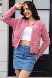 Glownestbest® | Button Up Round Neck Cardigan Hot Pink 10d88e73579f4bfd8207057950e6c888-Max Glownestbest