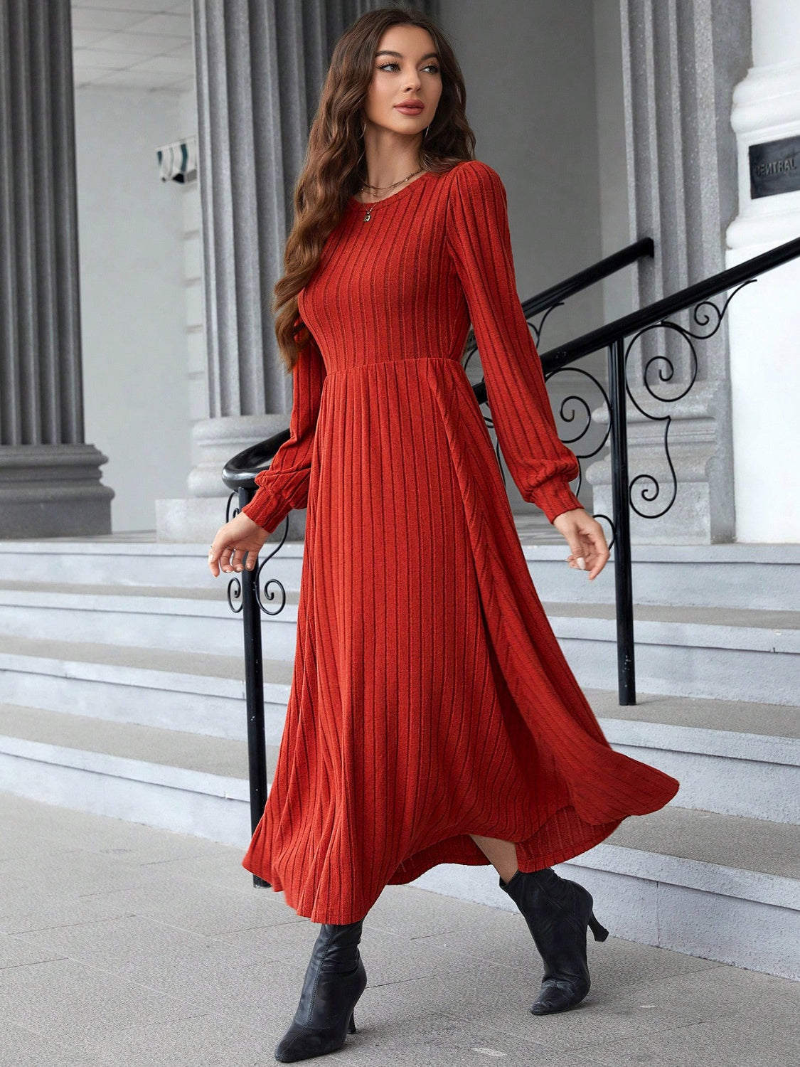 Ribbed Round Neck Long Sleeve Dress 11a4bd32-5688-4eec-b208-1fe92c65aa19-Max Glownestbest