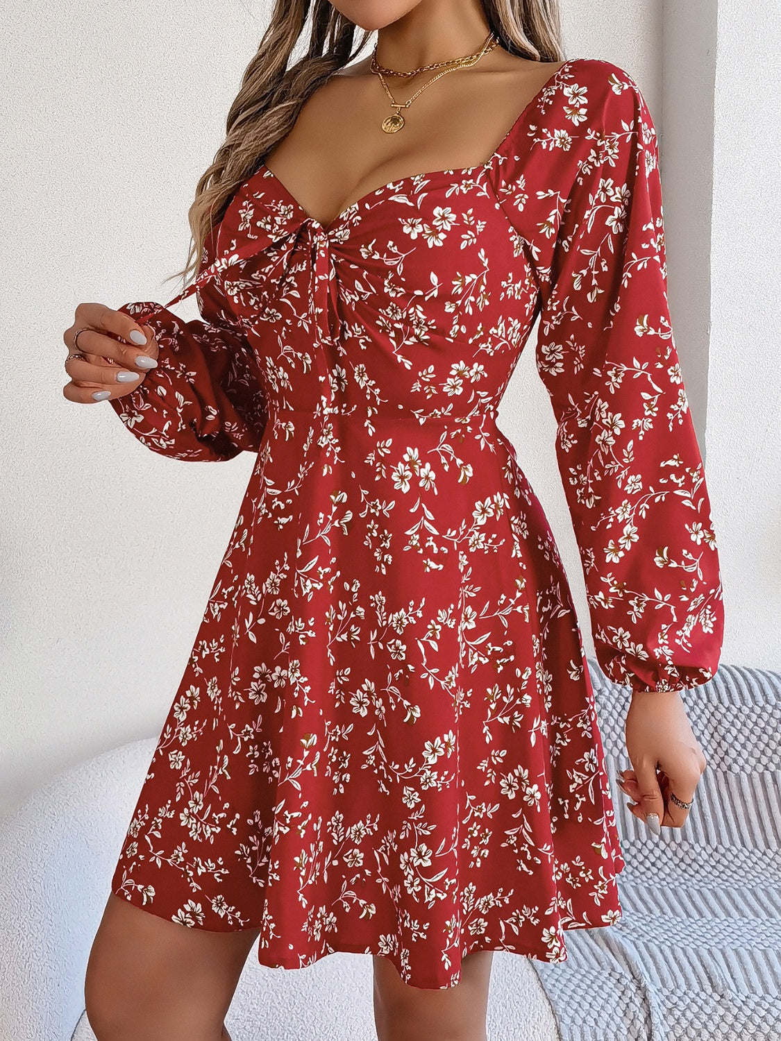 Printed Sweetheart Neck Balloon Sleeve Mini Dress 11cfd52f-5ede-4b5e-98c0-94d01429e7a5-Max Glownestbest