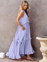Ruffled Sleeveless Tiered Maxi Dress with Pockets Lilac 120619a9-7d6d-4a76-b3e7-1d343b0673ee-Min Glownestbest