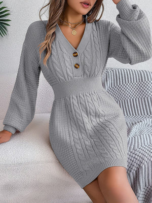 Buttoned Cable-Knit V-Neck Sweater Dress 125e0fb2c7d345b29c76a00352e447b8-Max Glownestbest